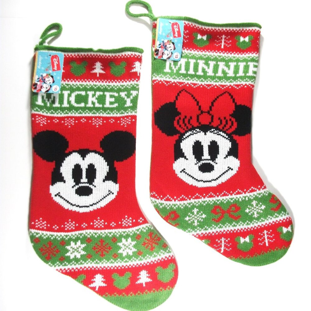 LOT Disney MICKY and MINNIE MOUSE Knit 2 Large 19" CHRISTMAS STOCKINGS